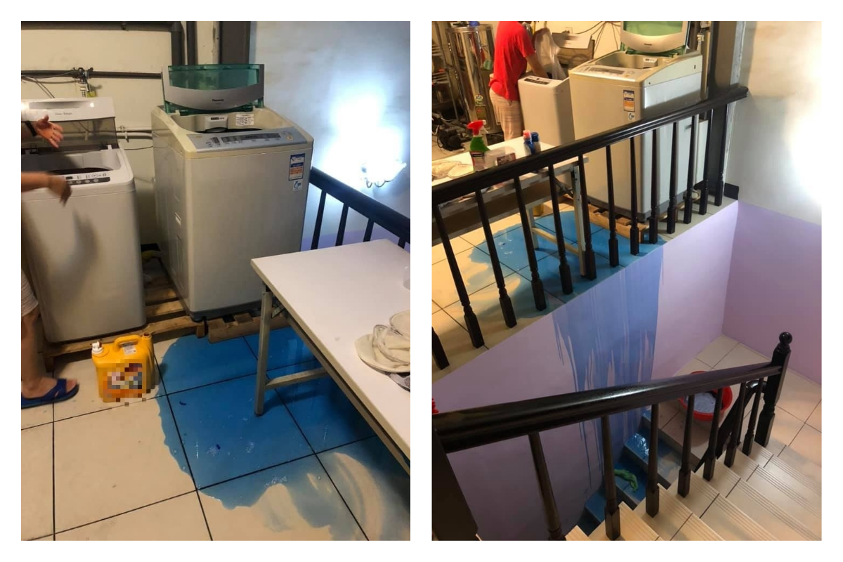 ▲有網友分享自己家中洗衣精「自爆」，洩出藍色瀑布的慘狀。（圖／翻攝自臉書社團）