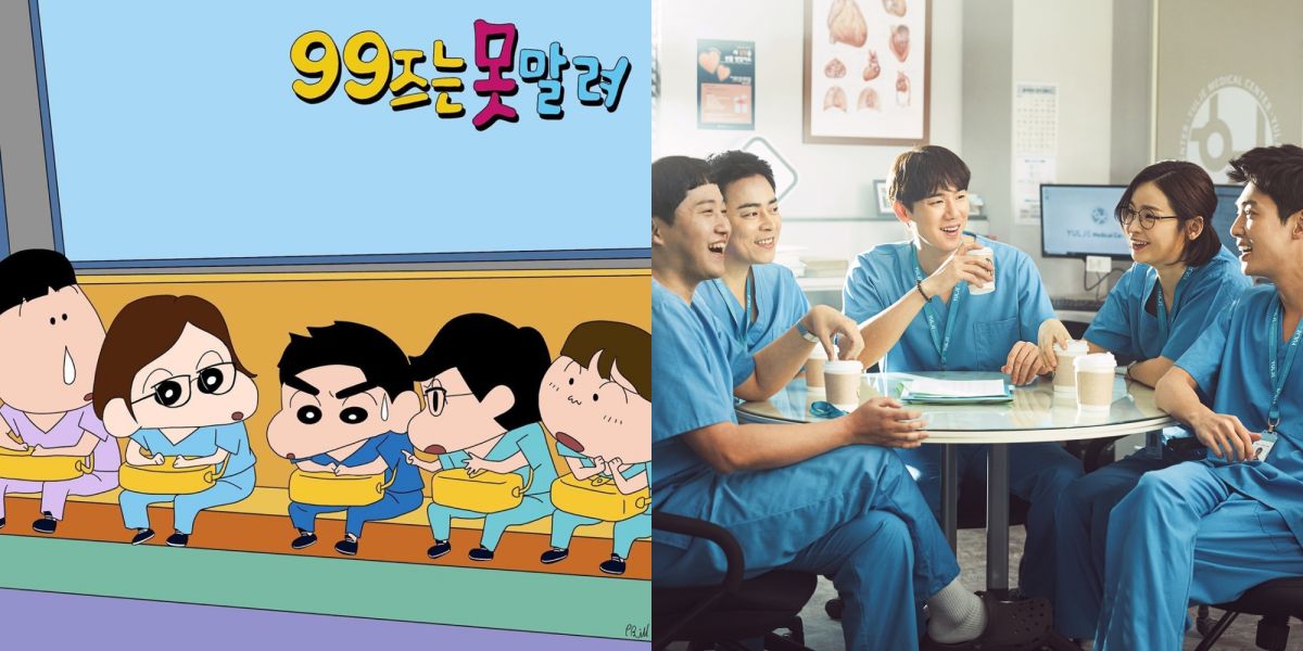 ▲插畫家姜周英將《蠟筆小新》春日部防衛隊（左）畫成「律帝醫院5人幫」。（圖／翻攝 kangggjju IG、Netflix）