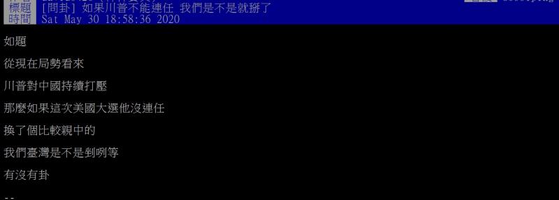 ▲網友好奇,若川普這次沒連任時,是不是會讓台灣處境更加危機?(圖/翻攝