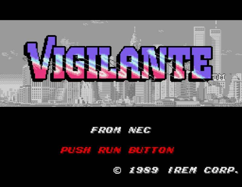 ▲功夫小子的遊戲標題，其「VIGILANTE」有非法正義、私刑教育的執行者的意義。