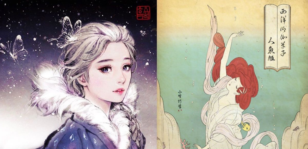 ▲浮世繪、韓服版迪士尼公主。（圖／授權自IG @woohnayoun、Twitter @ono800）