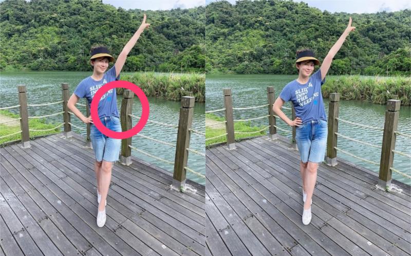 ▲Melody被抓包柱子歪掉之後重新發出照片(左圖為修圖前,右圖為後)。(圖/Melody臉書)