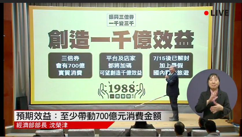 ▲經濟部長沈榮津表示，三倍券刺激經濟，可望創造一千億效益。（圖／翻攝自行政院直播）