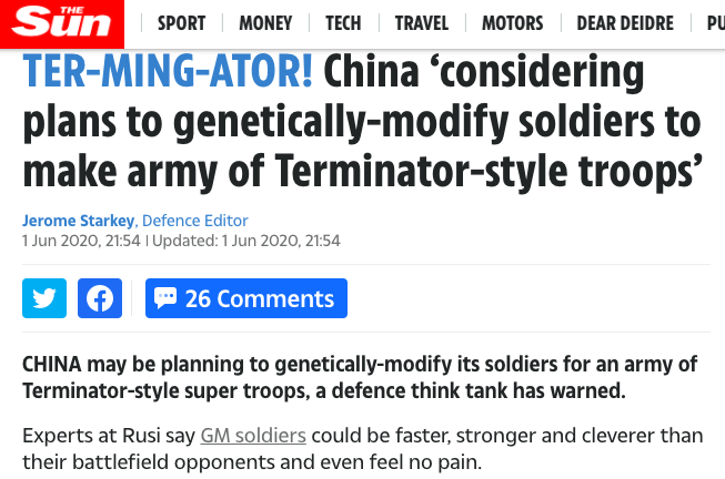 ▲英國《太陽報》引述皇家聯合研究所報告，指中國正在計畫對士兵進行基改。（圖／翻攝自《太陽報》）