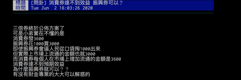 ▲網友好奇詢問，消費券達不到預期效益，三倍券就可以？（圖／翻攝自批踢踢）