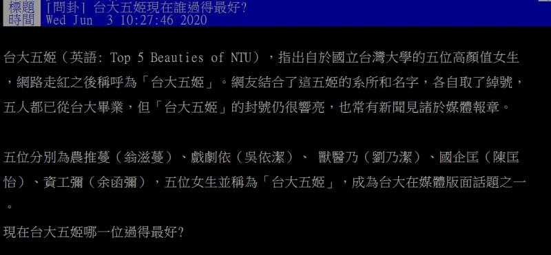 ▲網友好奇,台大五姬中,目前誰過得最好呢?(圖/翻攝