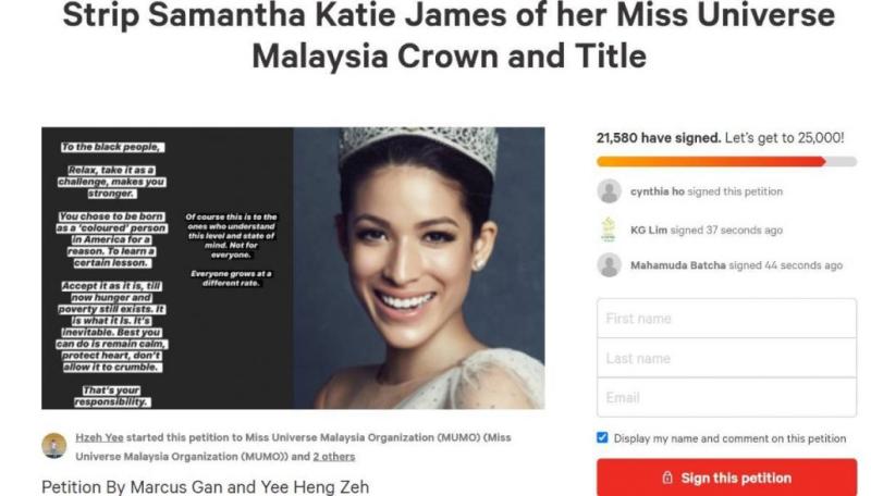 ▲有網友對Samantha這番言論非常不滿,於是在網路發起連署要求摘除她的環球小姐頭銜。(翻攝自change.org)