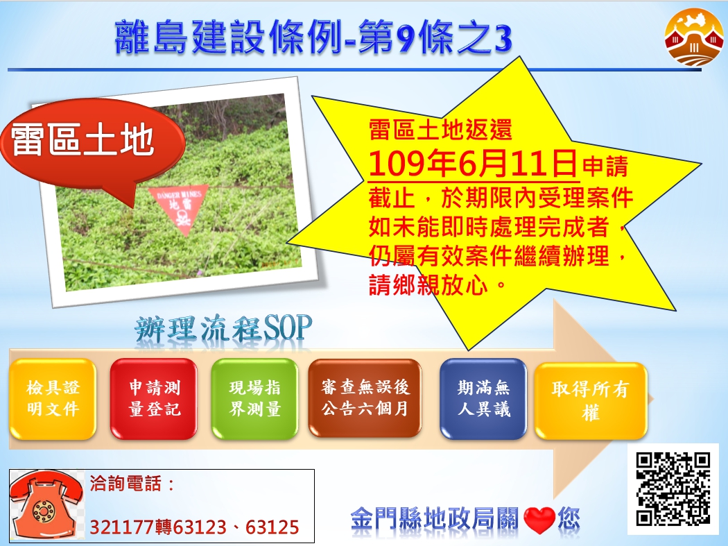 ▲金門雷區土地返還申請將於6月11日截止，地政局籲請鄉親把握時效。(圖/金門縣地政局提供)