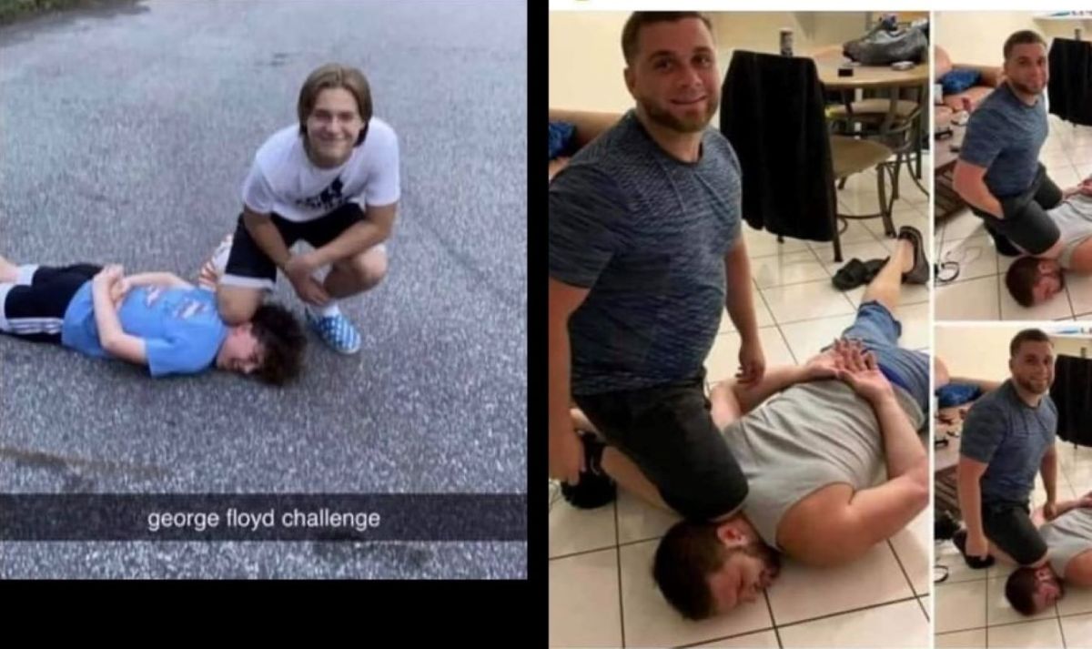▲美國部份白人模仿「佛洛伊德挑戰」，引起抨擊。（圖／翻攝自推特 @GraysonRowles ）