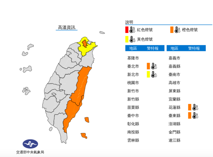 ▲氣象局預估明（6）台北市、花東地區及新北市將連續達36度高溫機率。（圖／翻攝自氣象局）