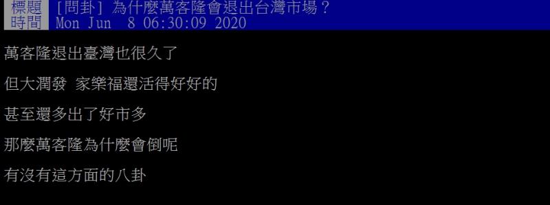 ▲網友好奇,當初萬客隆為何會全面退出台灣市場呢?(圖/翻攝