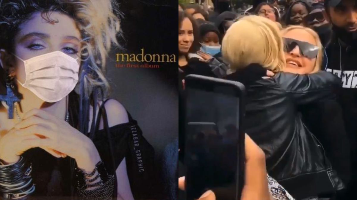 ▲瑪丹娜現身街頭力挺黑人平權，親切地與一位女性路人相擁。（圖／m_scrapbook推特）