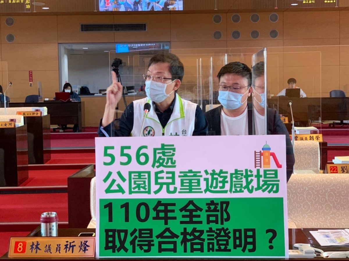 ▲台中市556座公園，兒童遊戲場安全設施，110年取得合格證明，議員林祈烽和施志昌質疑。(圖／柳榮俊攝2020.6.8)