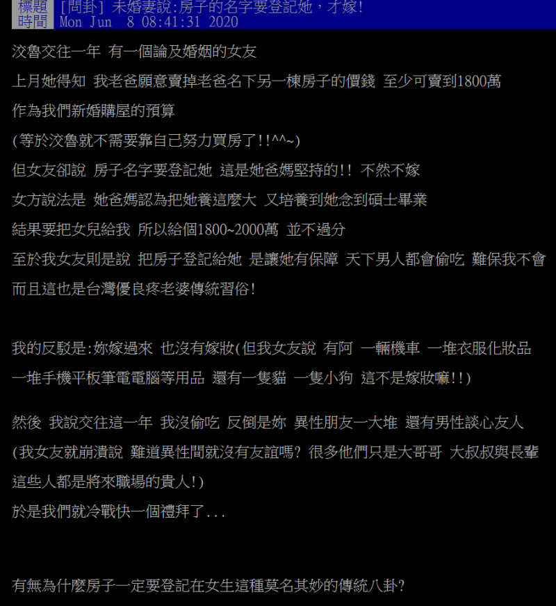 ▲男子提問,女友的要求真的合理嗎?(圖/翻攝PTT)