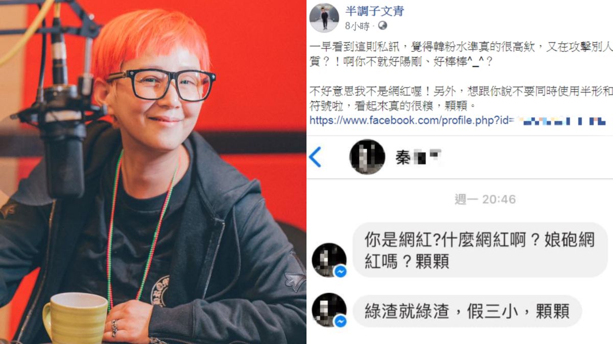 ▲網紅「半調子文青」翻出李明依（左圖）倒扁舊照，遭疑似韓粉的網友以私訊謾罵。（圖／李明依、半調子文青臉書）