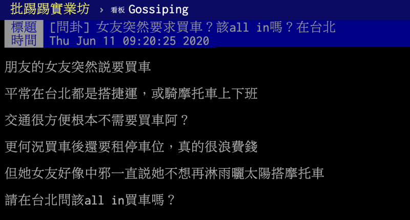 ▲一名男網友在PTT八卦版提到,朋友苦惱表示,女友突然要求他買車,但兩人住在台北,上下班交通很方便,認為似乎不大需要買車,且買車後開銷也是一筆負擔,無奈求助廣大鄉民,貼文立刻引發熱議,釣出老江湖神解「殘酷翻譯」。(圖/翻攝自