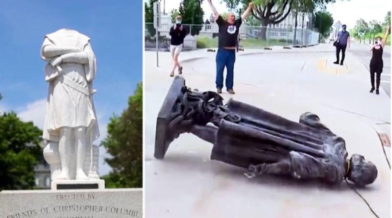 ▲隨著反種族主義的示威風潮，各州傳出哥倫布雕像遭破壞、推倒的消息。（圖／翻攝自 Twitter @Joyce_Karam ）
