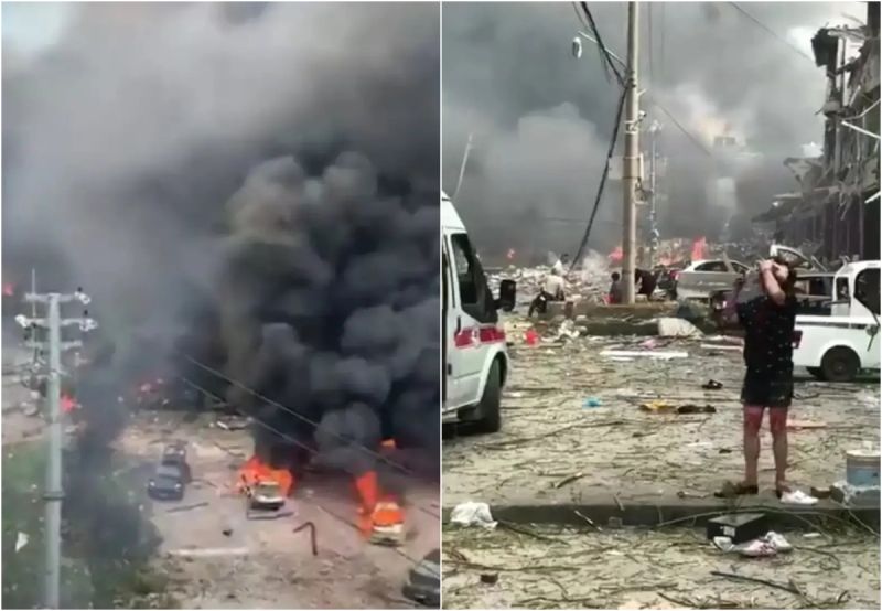 ▲浙江高速公路上油罐車爆炸，波及附近民宅。（圖／翻攝自影片）