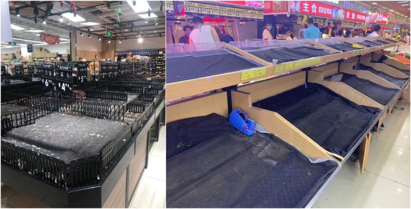 ▲新發地市場疫情爆發後，北京多家超市架上的蔬菜被搶購一空。（圖／翻攝自推特@ling52804443