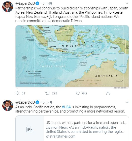▲美國國防部長艾斯培在推特上表示，美國將致力於印太地區夥伴關係和對民主台灣的承諾（圖／翻攝自艾斯培推特）