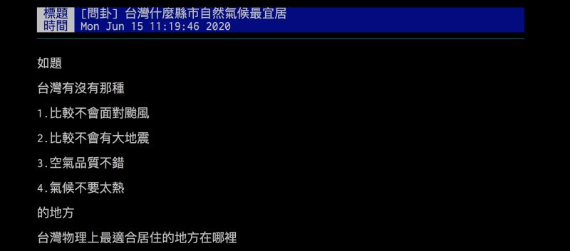 ▲有網友詢問台灣哪個縣市氣候最宜居？引發熱議。（圖／翻攝自批踢踢）