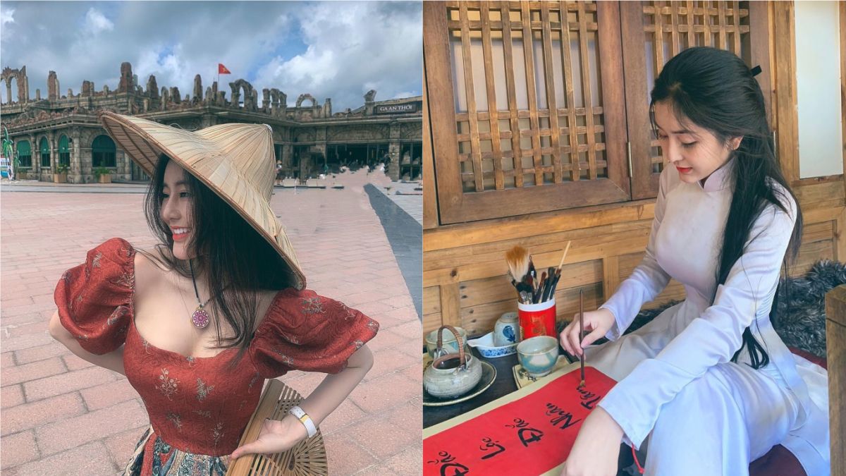 ▲斗笠下美麗的長髮配上越南傳統服飾，「奧黛」（Áo Dài）是越南引以為傲的傳統服飾，走在越南惠安古鎮會看到不少租借奧黛的店家，各種樣式和材質都十分漂亮。（圖／翻攝自IG）