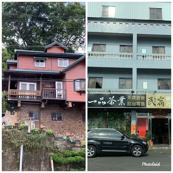 ▲綠色燧道入口處,提供免費DIY體驗的一品茶葉民宿(右),與整座建物外如花園般的阿漢民宿。(圖/記者陳惲朋攝編)
