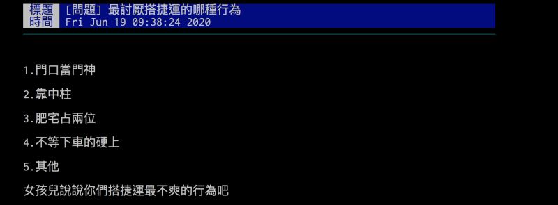 ▲網友詢問搭捷運最討厭遇到的行為,引發討論。(圖/翻攝自批踢踢)