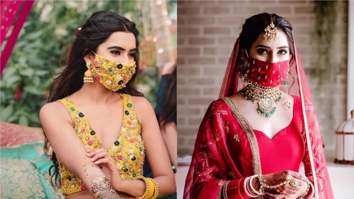 ▲位於南亞的印度因此興起「口罩婚禮」，不但來賓都佩帶口罩，新郎和新娘都蒙上特製的口罩，美麗的面紗反而為新娘的美貌更增添一絲神秘感。（圖／推特）