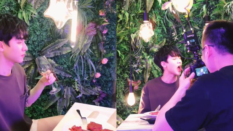 ▲邵羽在MV花絮大啖生肉。(圖/好舒服音樂臉書)