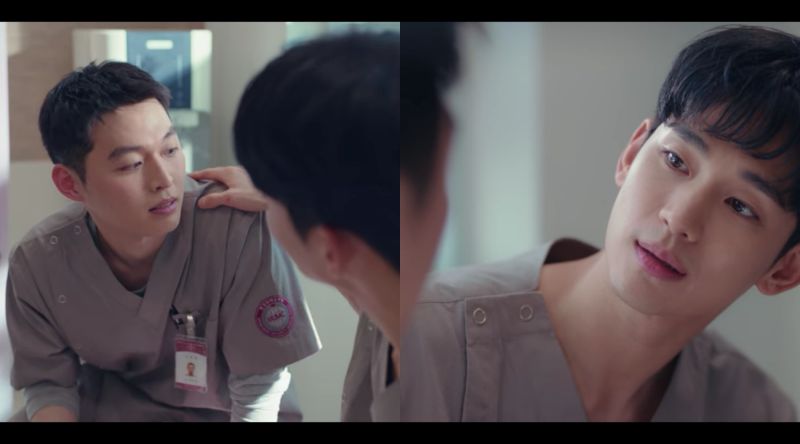▲金秀賢（右）飾演精神病患看護，常常換醫院工作被同事誤會「跟護理師搞不倫」。（圖／Netflix）