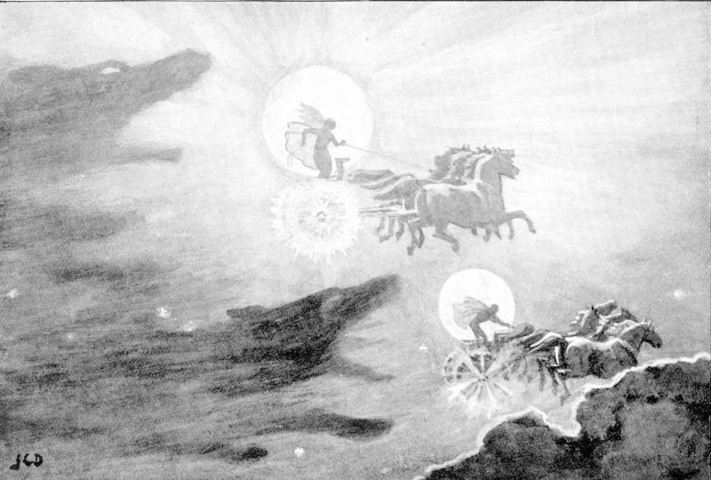 ▲在北歐神話裡，天狼Sköll總是追逐著太陽神Sól。（圖／翻攝自維基百科，出自1909年的Myths of the Norsemen from the Eddas and Sagas）