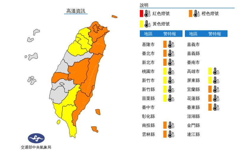 ▲中央氣象局今天下午針對全台14縣市發布高溫資訊。（圖／翻攝自中央氣象局官網）