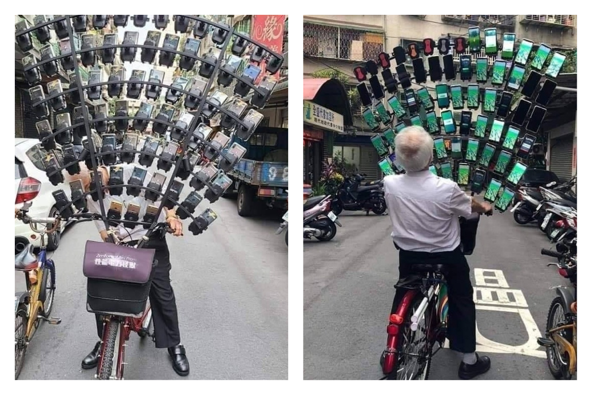 ▲知名的「寶可夢阿伯」再進化，一次帶 58 支手機上街抓寶。（圖／翻攝自爆料公社臉書）