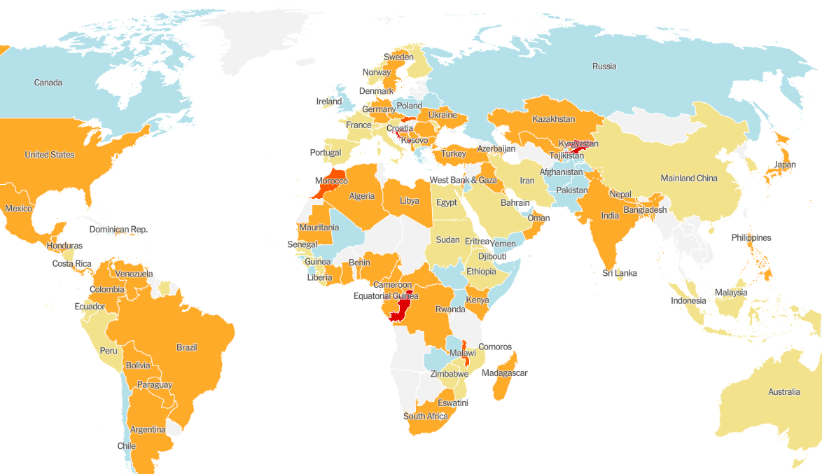 ▲世界疫情分佈圖。（圖／翻攝自《紐約時報》／Local governments; The Center for Systems Science and Engineering at Johns Hopkins University; National Health Commission of the People's Republic of China; World Health Organization.）
