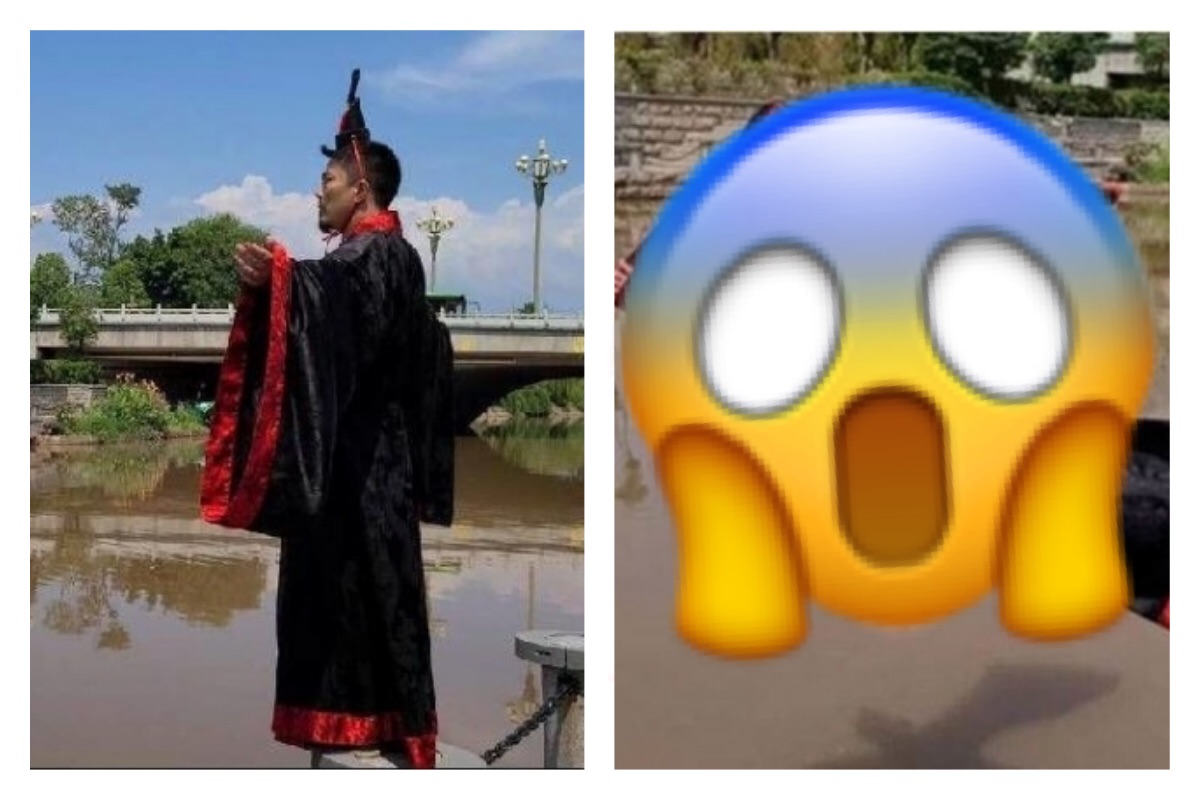 ▲最狂儀式！陸男 cos 屈原慶端午，誇張行為嚇壞市民引熱議。（圖／翻攝自影片）