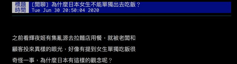 ▲網友詢問日本女生為何不能單獨去吃拉麵？引發熱議。（圖／翻攝自批踢踢）