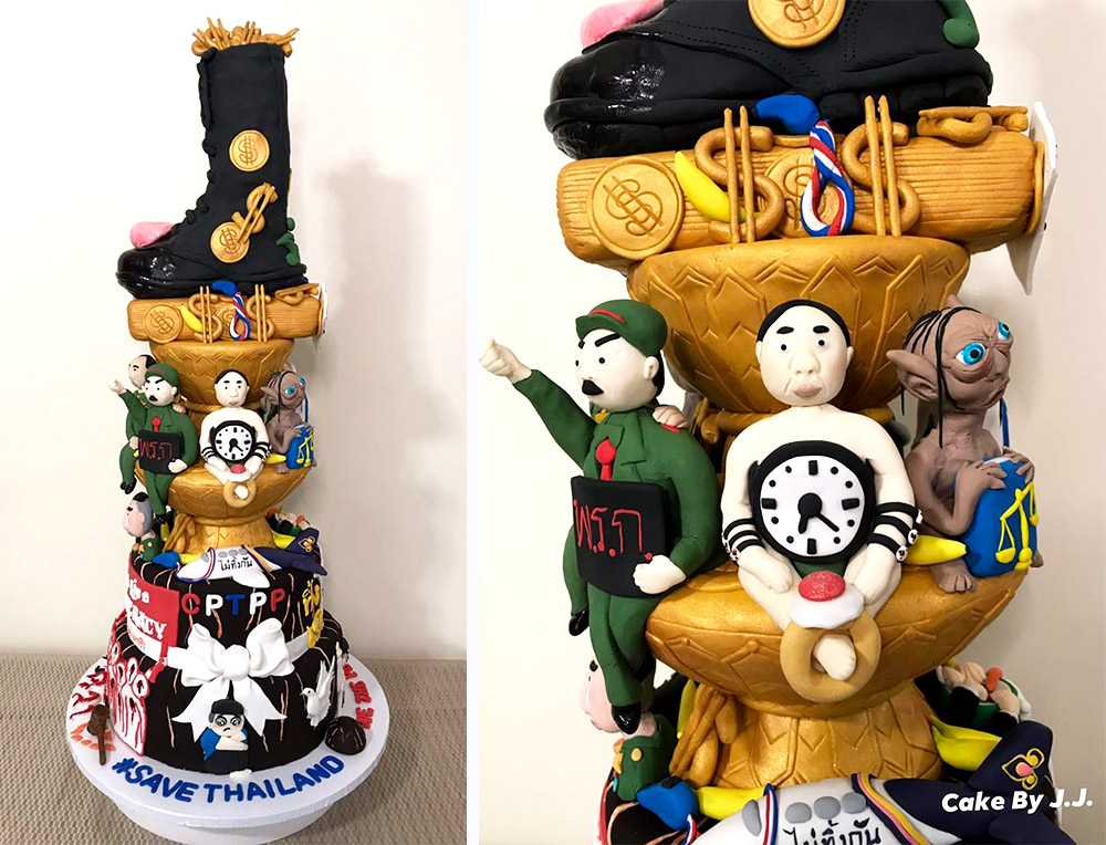 ▲一位泰國蛋糕師在臉書上分享自己的蛋糕成品，富含對泰國政治現實的諷喻，蛋糕的每一層都刻畫著泰國政治的腐敗與階級不平等的現況。（圖／翻攝自臉書）