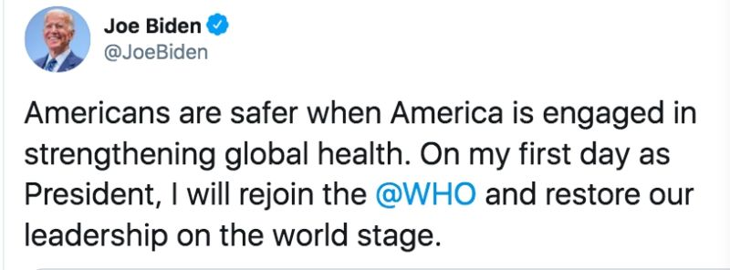 ▲拜登在推特表示，若自己上任總統第一天，將讓美國重返WHO。（圖／翻攝拜登推特）