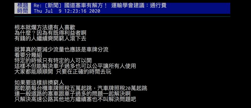 ▲有網友對「提高通行費解決塞車」的說法不滿。(圖/翻攝自批踢踢)