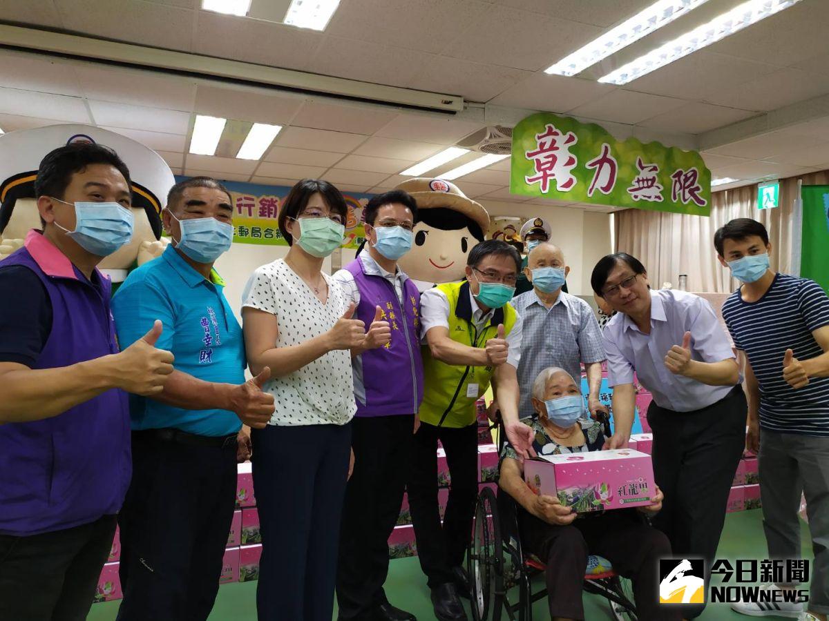 ▲彰化郵局與台灣郵政協會舉辦 「郵農關懷情·溫暖到您心」公益活動，捐贈「晞品果園」生產的紅龍果給衛生福利部彰化老人養護中心的長輩享用。（圖／記者葉靜美攝，2020.07.09）