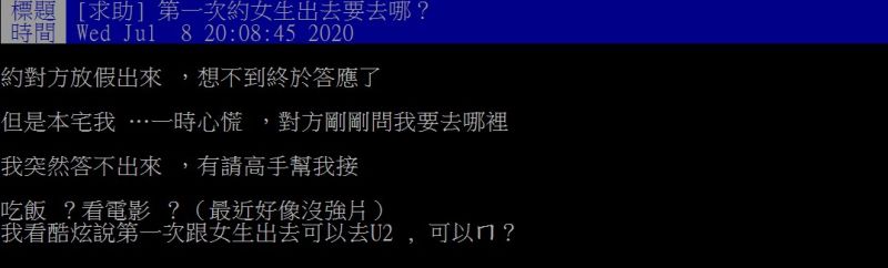 ▲網友提問，第一次和女生出門該去哪呢？（圖／翻攝