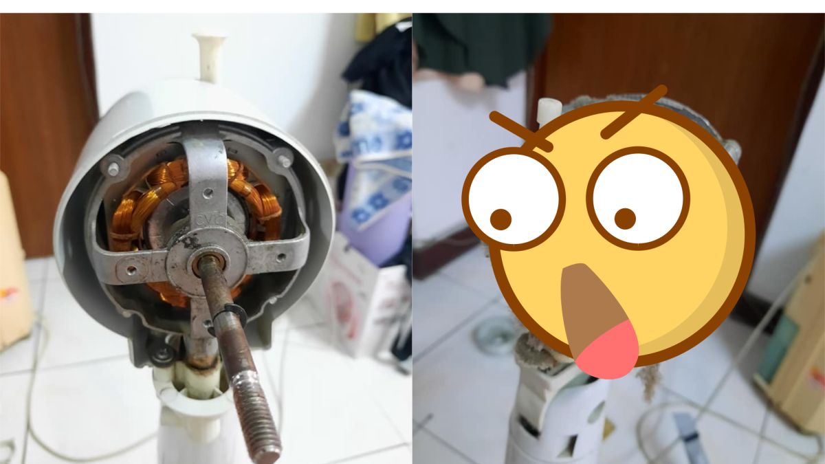 ▲有網友家中老電扇突然不轉動，一拆開後方馬達上充滿灰塵、棉絮。（圖／翻攝爆廢公社）