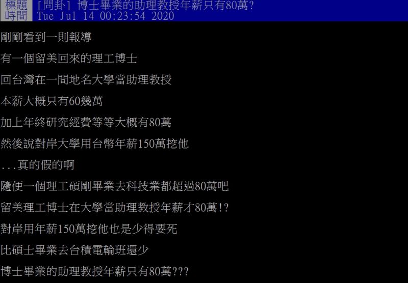 ▲網友對於留美博士回台當助理教授,年薪僅