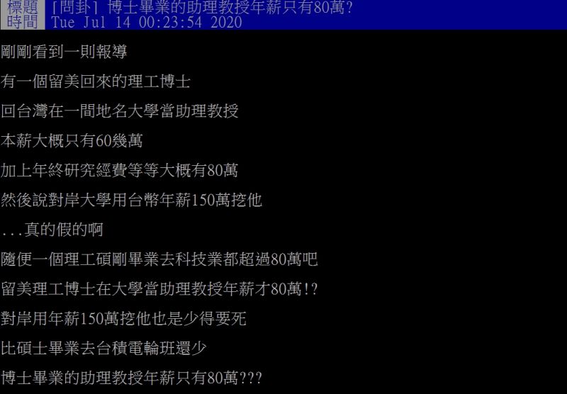 ▲網友對於留美博士回台當助理教授，年薪僅