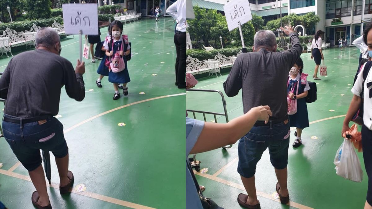 ▲泰國1名可愛的爺爺就想到，在校門外高舉寫有孫女姓名的牌子，猶如機場接機一樣，避免接錯孩子。（圖／翻攝自臉書）