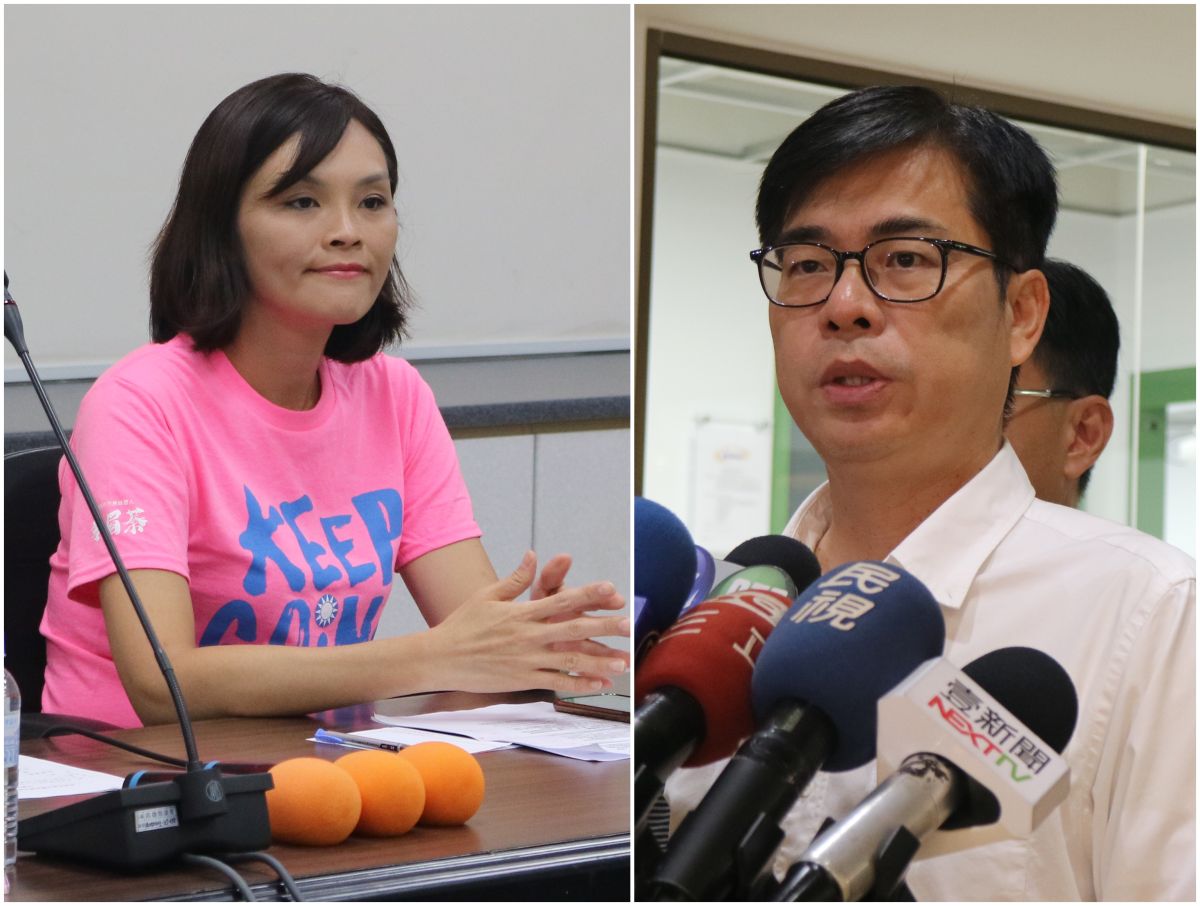 ▲針對監察院長人事案、國巨高雄投資誰牽線等議題，民進黨高雄市長候選人陳其邁（右）、國民黨高雄市長候選人李眉蓁（左）隔空互槓。（圖／記者鄭婷襄攝、製圖）