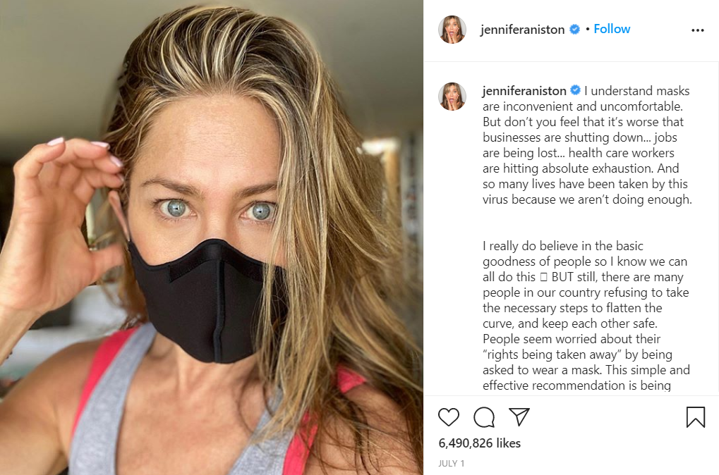 ▲珍妮佛安妮斯頓呼籲美國民眾戴口罩。（圖／安妮斯頓IG）