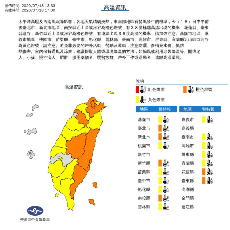 ▲中央氣象局今針對全台17縣市發布高溫資訊。(圖/中央氣象局提供)