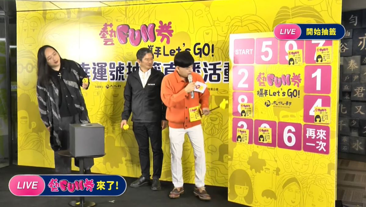 ▲文化部進行「藝FUN券」抽籤直播，只有身分證尾數 1、2、6 的民眾「沒中」。（圖／翻攝文化部YT）